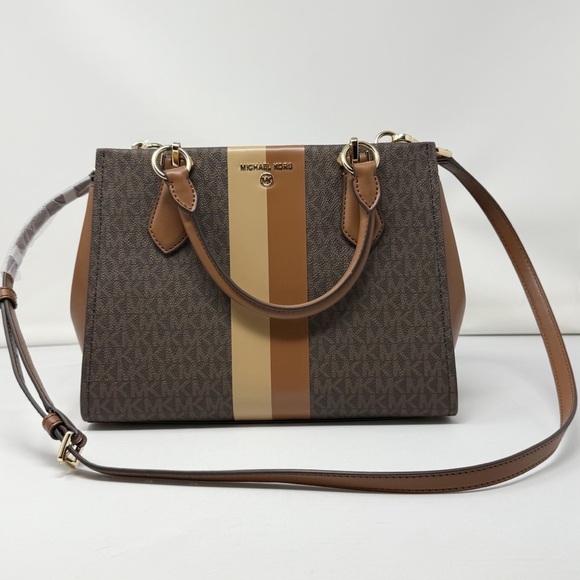 Michael Kors Marilyn Signature Medium Satchel Bag Brown Beige Stripe - Picture 10 of 10
